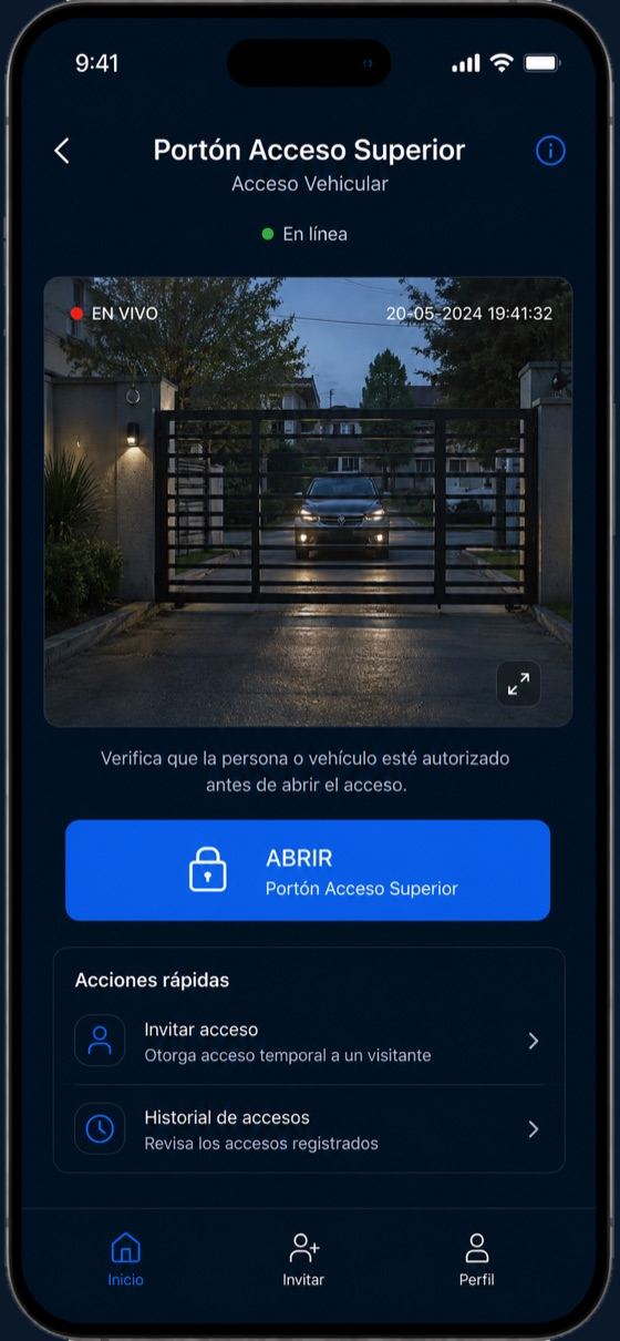 Detalle del Portón Acceso Superior en línea, con la cámara en vivo del portón, el botón ABRIR y accesos rápidos a Invitar e Historial
