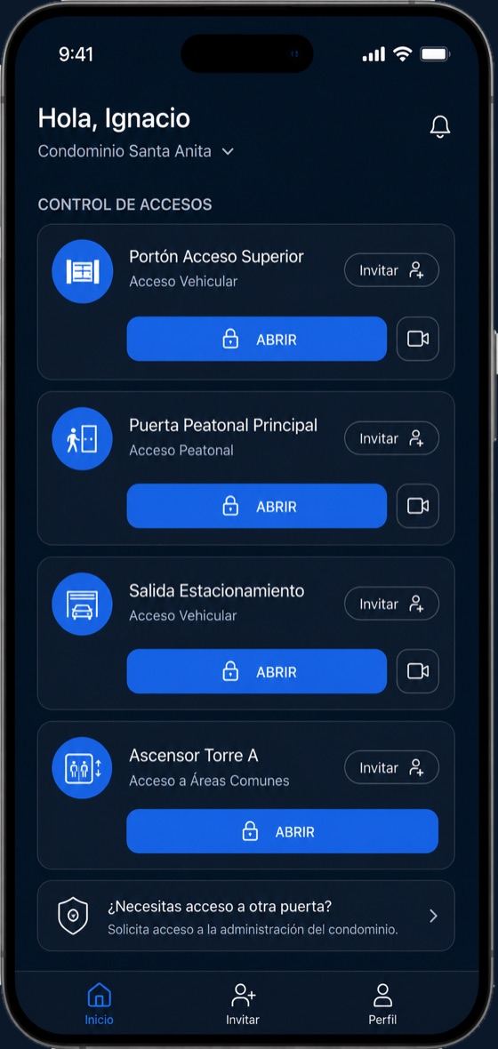 Pantalla de inicio de la app NexoDomo con los accesos del condominio y botones ABRIR, Invitar y cámara